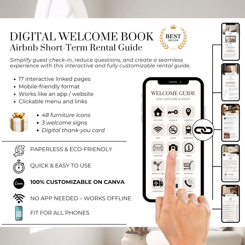 Interactive Airbnb Digital Welcome Book Editable Guest Book Template Canva Guidebook for Short Term Rentals Mobile Customizable Host Guide