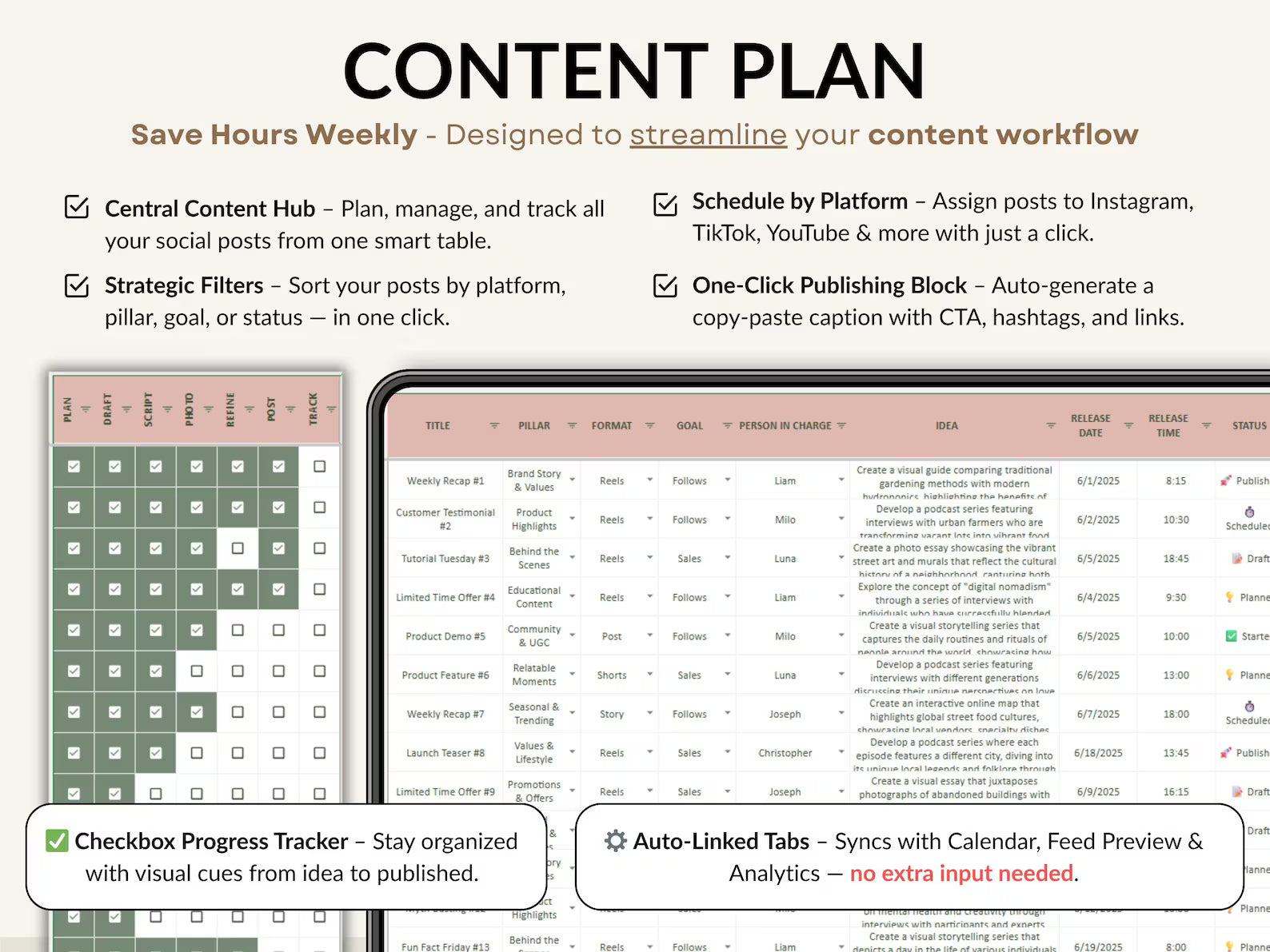 Social Media Content Planner Spreadsheet Monthly Content Calendar for Digital Creators Excel Template Google Sheets Instagram TikTok Manager