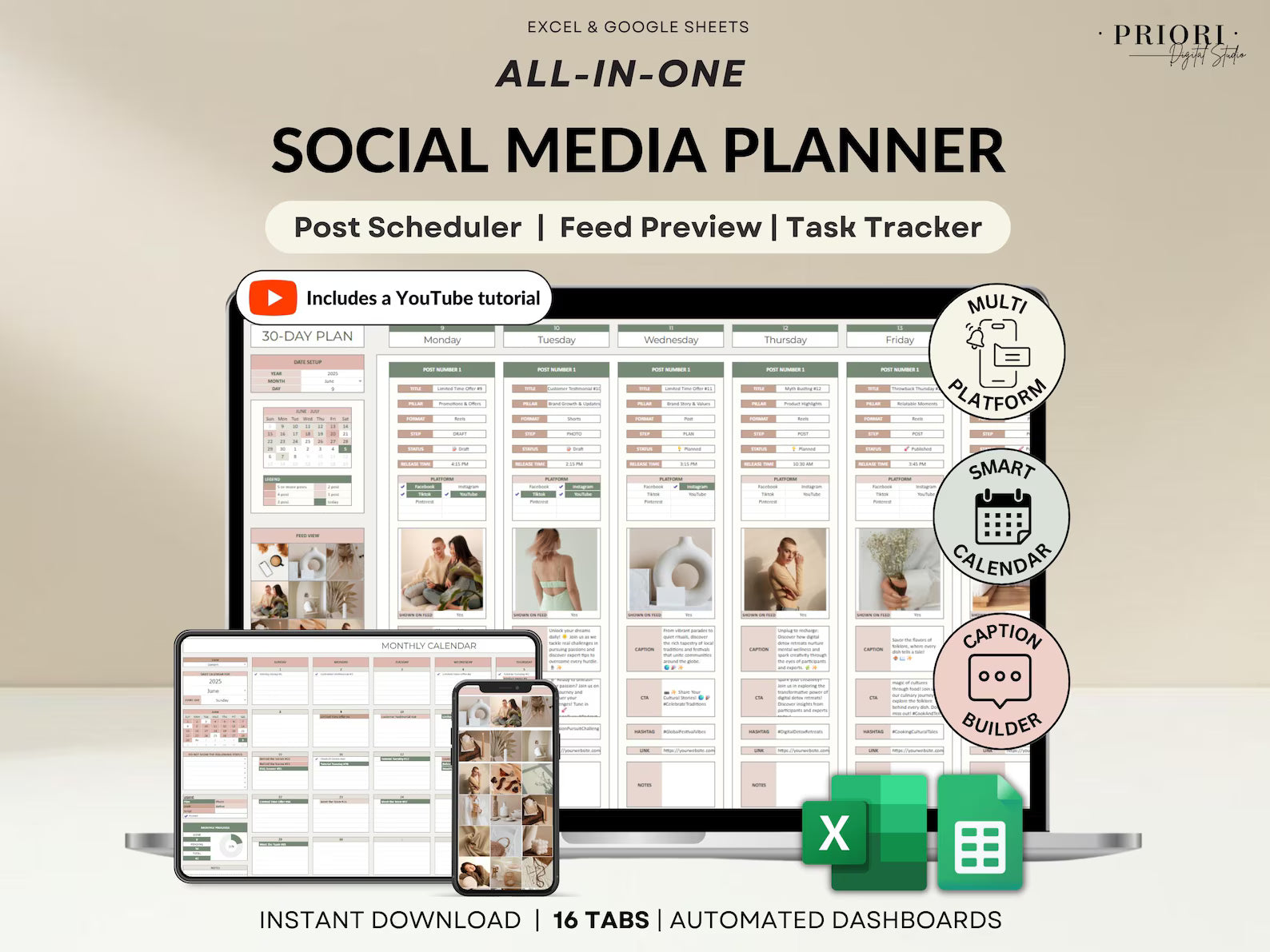 Social Media Content Planner Spreadsheet Monthly Content Calendar for Digital Creators Excel Template Google Sheets Instagram TikTok Manager