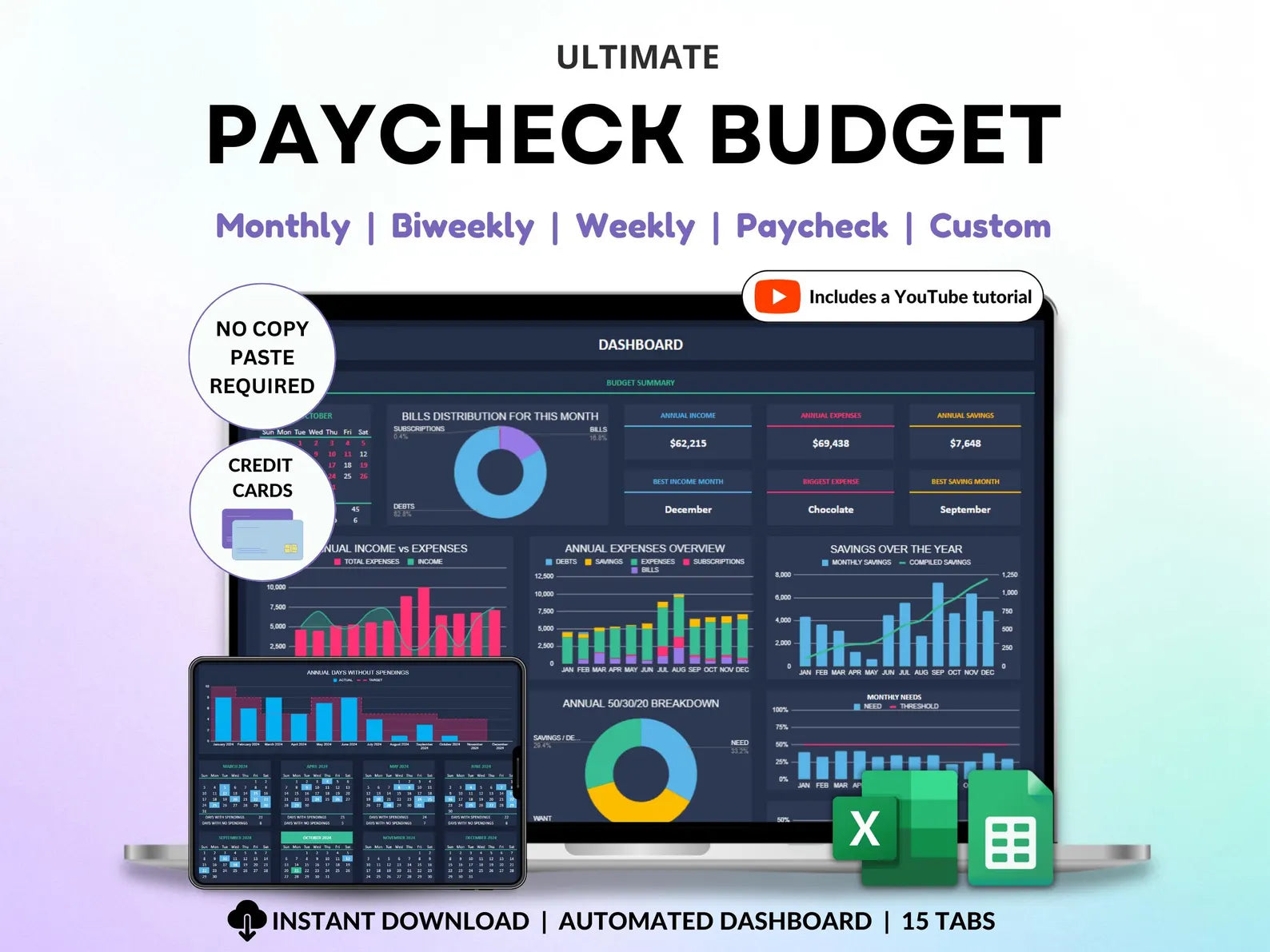 Paycheck Budget Spreadsheet Weekly Budget Bi-Weekly Budget Paycheck Budget Excel Monthly Budget Google Sheets Dark Mode Personal Finance