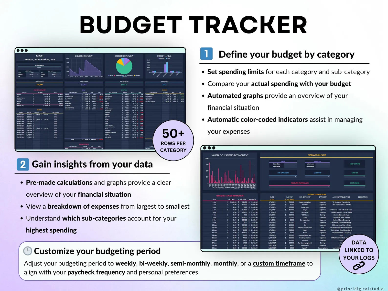 Paycheck Budget Spreadsheet Weekly Budget Bi-Weekly Budget Paycheck Budget Excel Monthly Budget Google Sheets Dark Mode Personal Finance