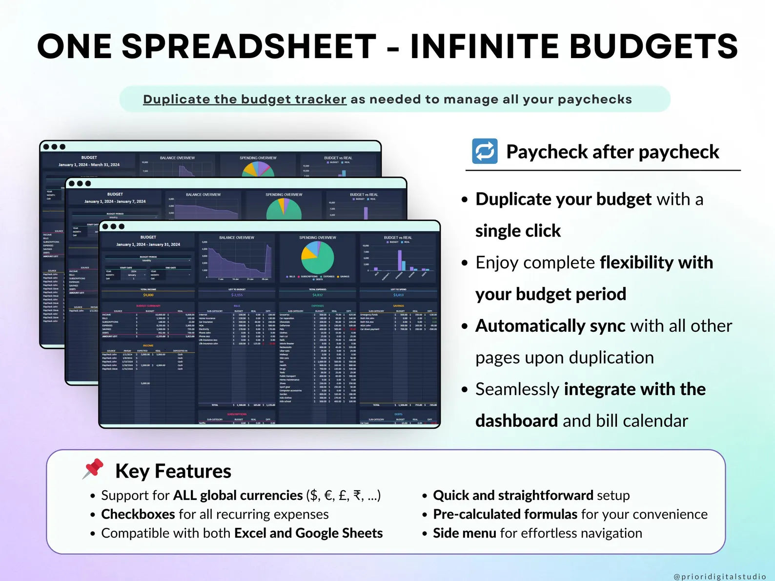 Paycheck Budget Spreadsheet Weekly Budget Bi-Weekly Budget Paycheck Budget Excel Monthly Budget Google Sheets Dark Mode Personal Finance